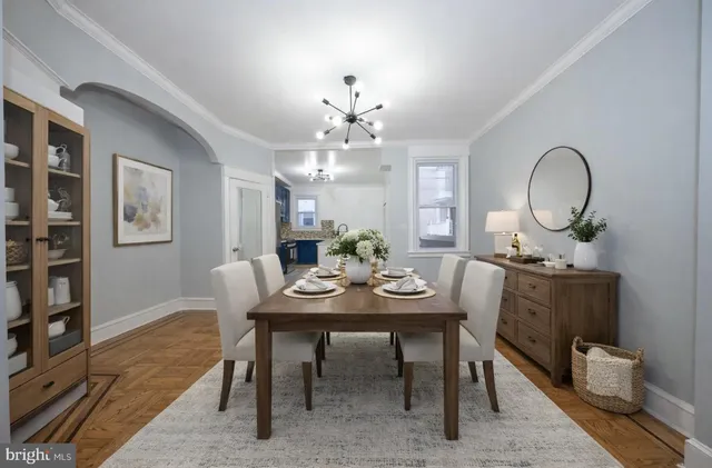 a view of a dining room with furniture