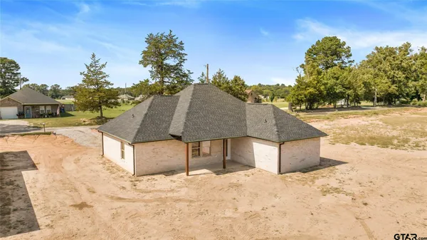 a view of a dry yard with a tree
