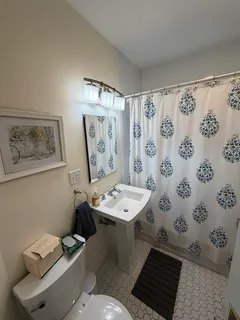 a bathroom with a sink toilet and shower curtain