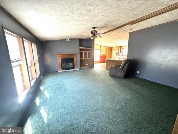 a view of livingroom with furniture fire place and windows