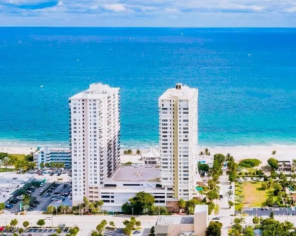 a view of a building with an ocean view