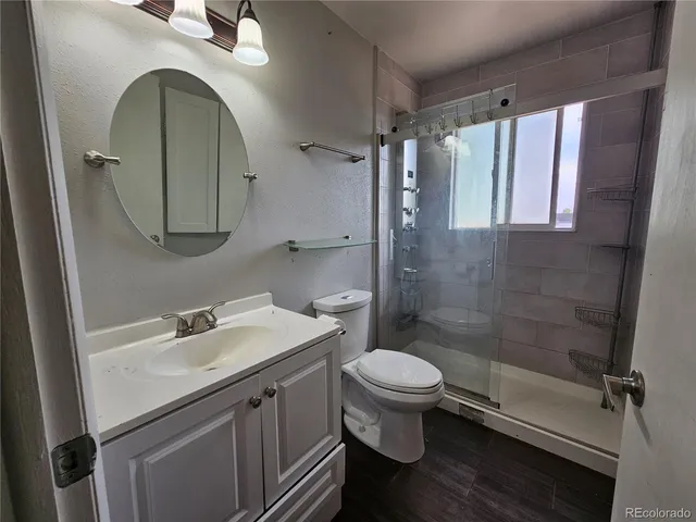 a bathroom with a sink a toilet and shower
