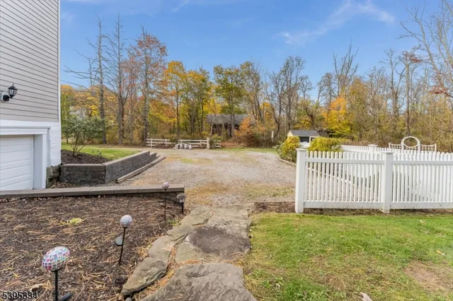 a view of a yard with plants and trees