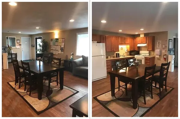 a view of a dining room with furniture