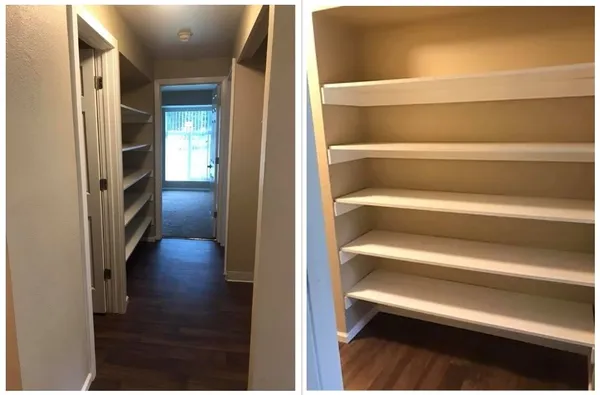 a view of closet with wooden floor