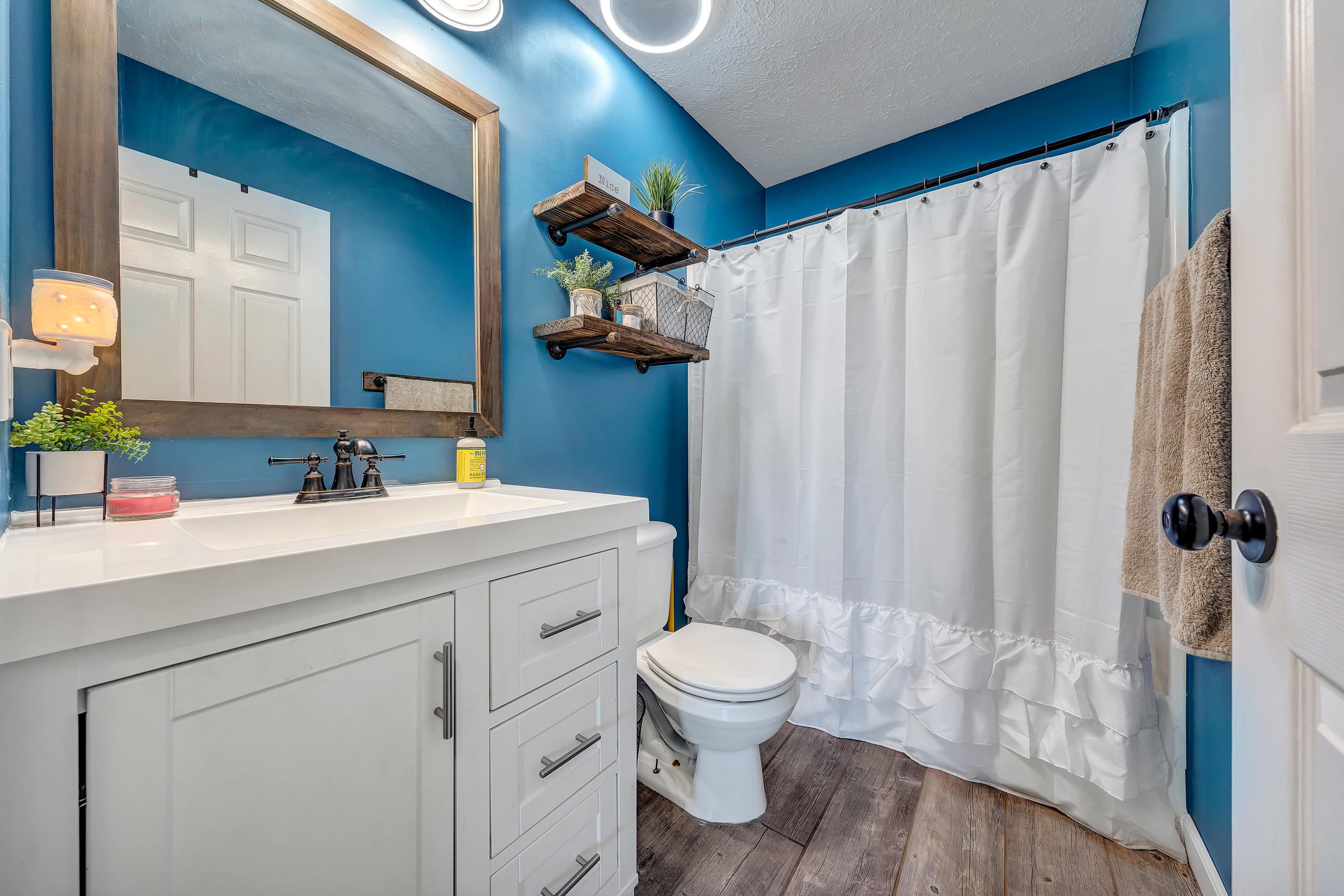 1145 Madcap Road Rocky Mount, VA 24151 - Photo 26 of 38 a bathroom with a sink a toilet a mirror and shower curtain