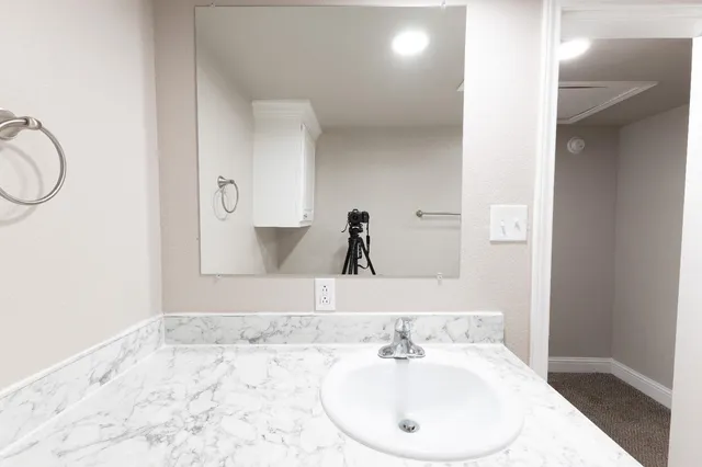 a bathroom with a sink and a mirror