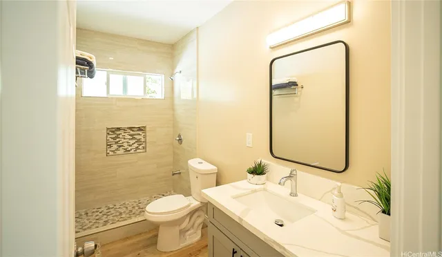 a bathroom with a sink mirror vanity and toilet