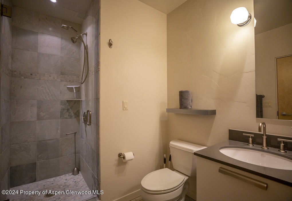 231 Robinson Street, Unit 330 Basalt, CO 81621 - Photo 25 of 45 a bathroom with a granite countertop sink mirror vanity and toilet
