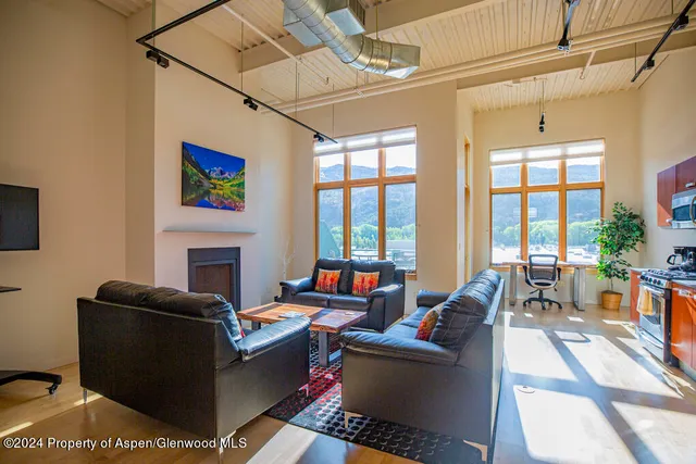 a living room with furniture a flat screen tv and a fireplace