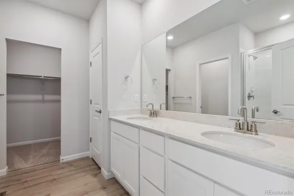 a bathroom with a shower sink and mirror