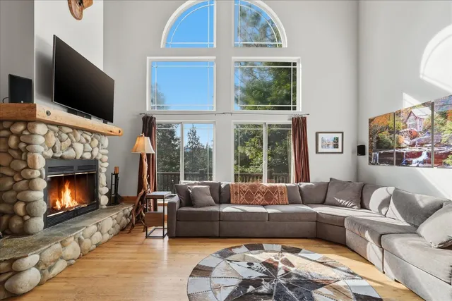 a living room with furniture a flat screen tv and a fireplace