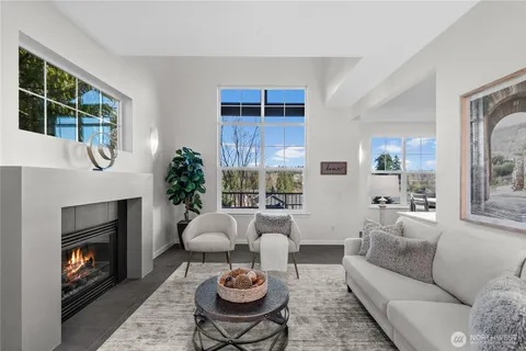 a living room with furniture potted plant a fireplace and a window