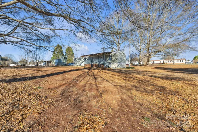 a view of dirt yard with a large tree