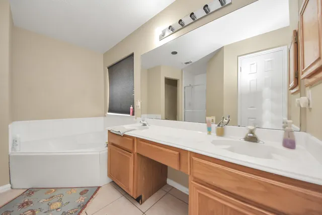 a bathroom with a tub sink and mirror