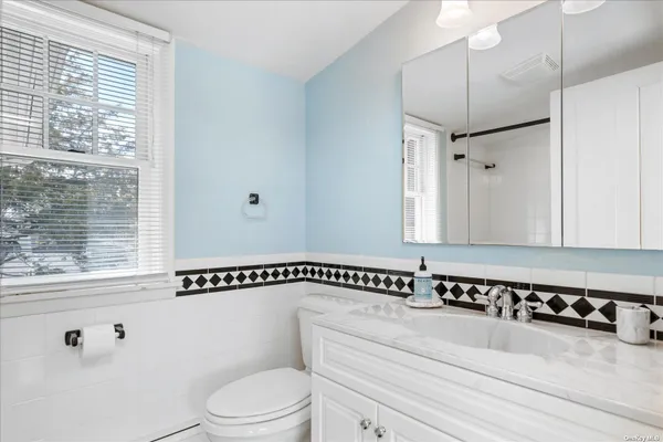 a bathroom with a sink a toilet and a mirror