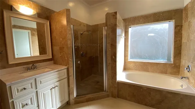 a bathroom with a tub sink shower and mirror