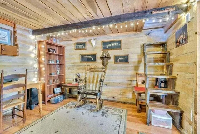 a view of a walk in closet with wooden floor and door