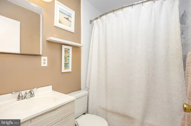 a bathroom with a sink a toilet and shower curtain