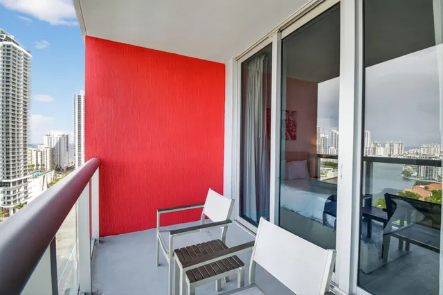 a city view with tall buildings