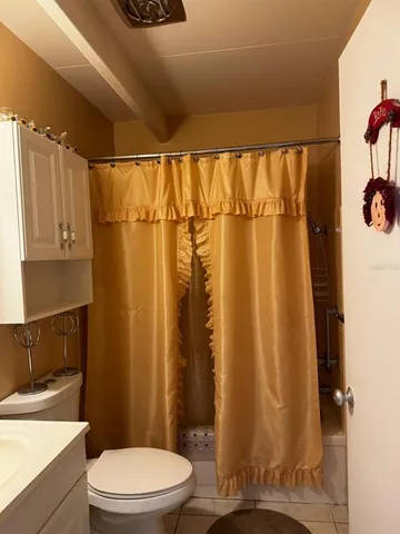 a white toilet sitting next to a shower curtain