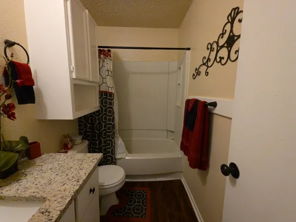 a bathroom with a granite countertop sink toilet and shower
