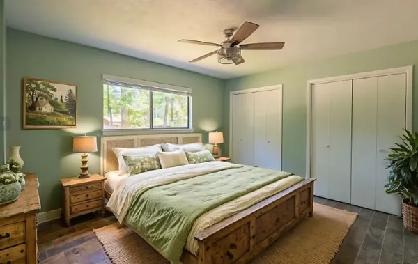 a bedroom with a bed and a chandelier