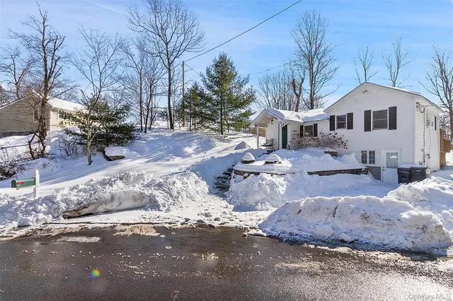 a front view of a house with a yard covered in snow