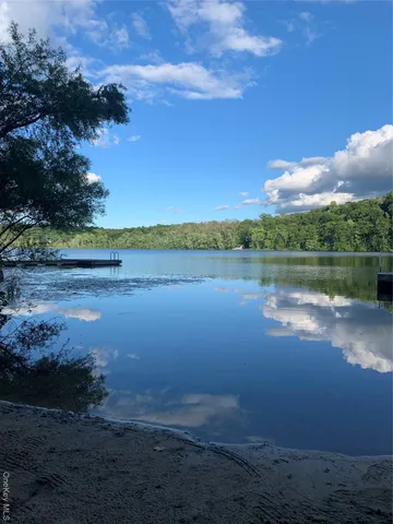 a view of a lake with houses in the back