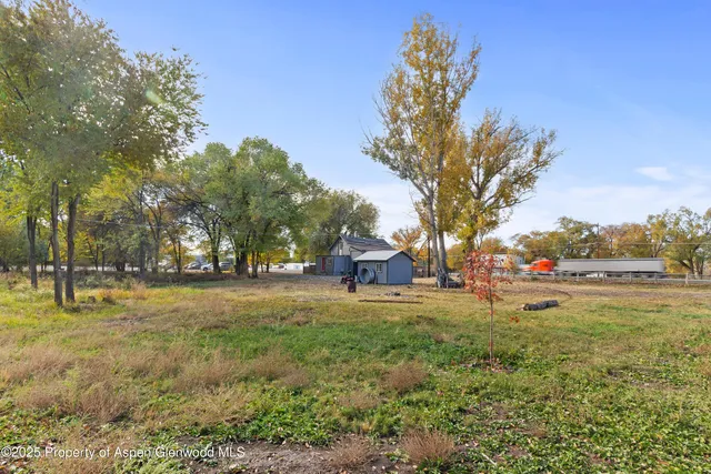 a view of backyard with wooden fence and trees