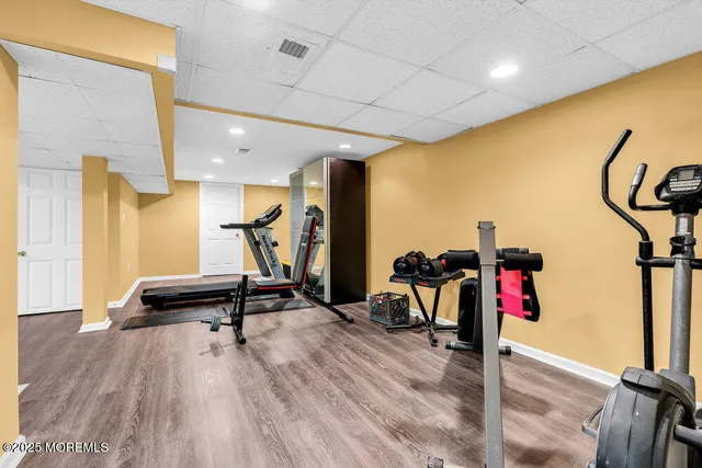 a view of a park with large trees