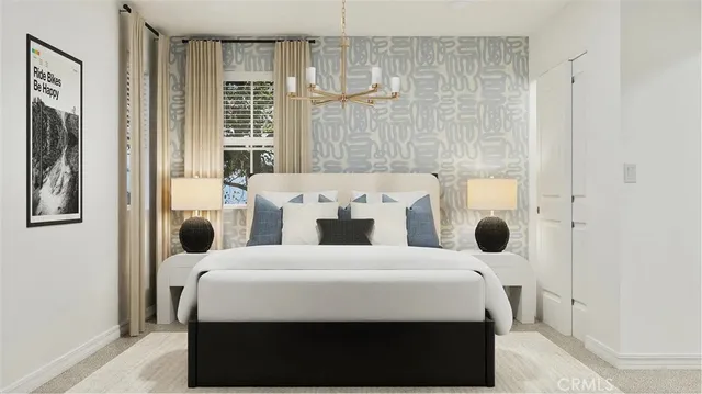 a bedroom with a bed and a large mirror