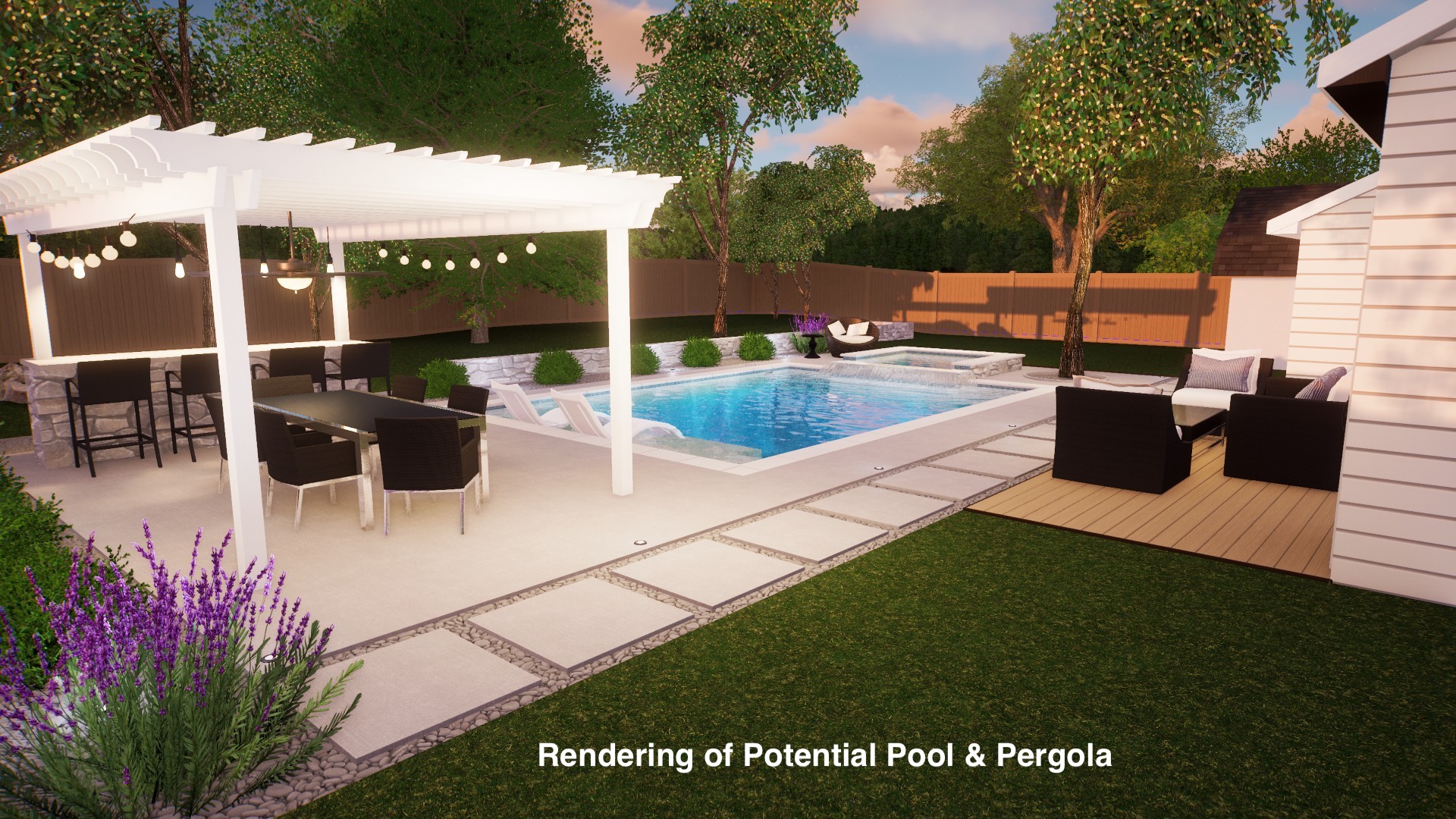 13207 Fencerail Road Manchaca, TX 78652 - Photo 32 of 36 Pool rendering at dusk featuring a pergola, a fenced backyard, a patio, a pool with connected hot tub, and an outdoor lounge area with bar. Engineered pool plans available to build
