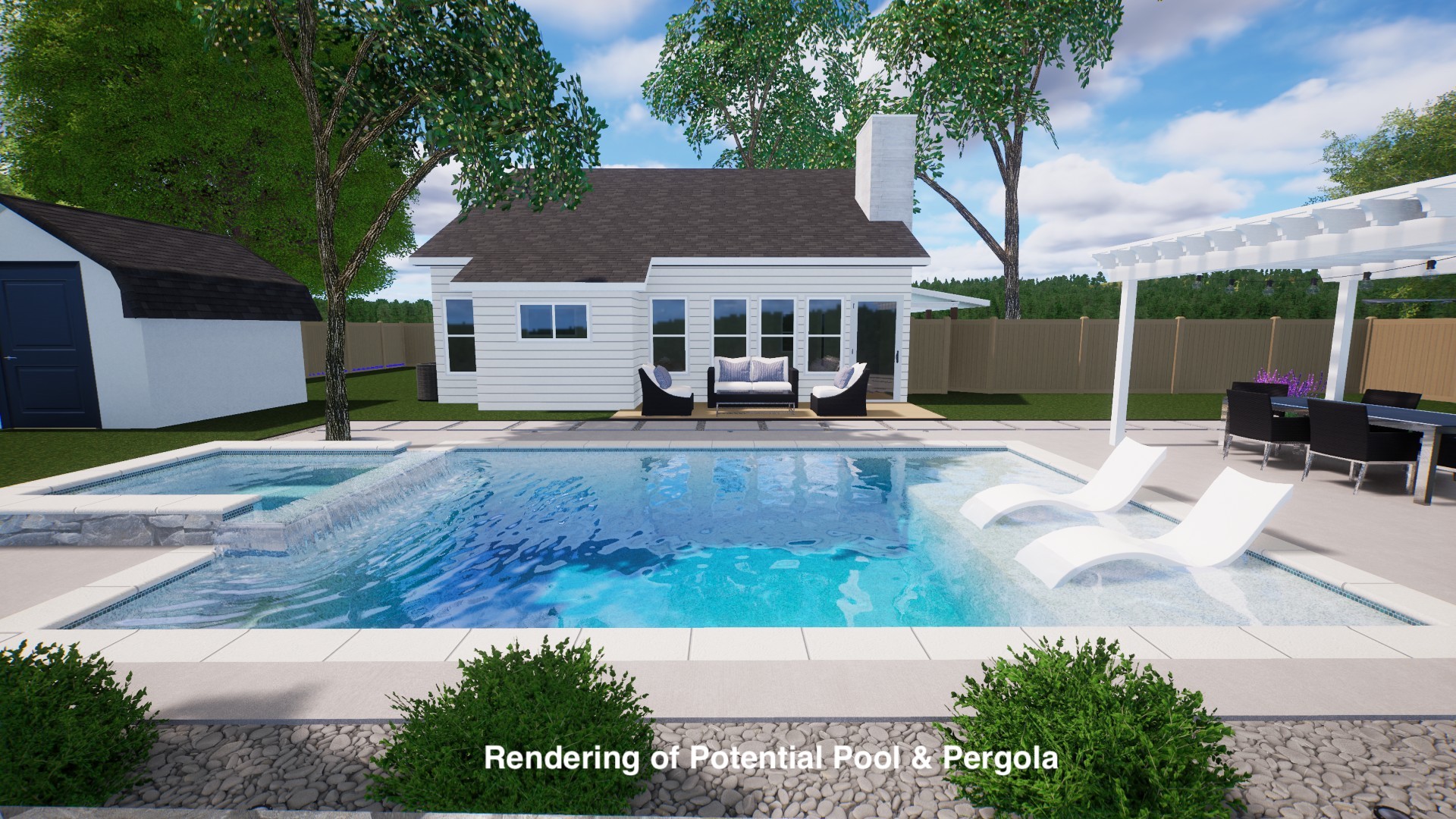 13207 Fencerail Road Manchaca, TX 78652 - Photo 33 of 36 Pool rendering featuring a pergola, a fenced backyard, a patio, a pool with connected hot tub, and an outdoor lounge area with bar. Engineered pool plans available to build
