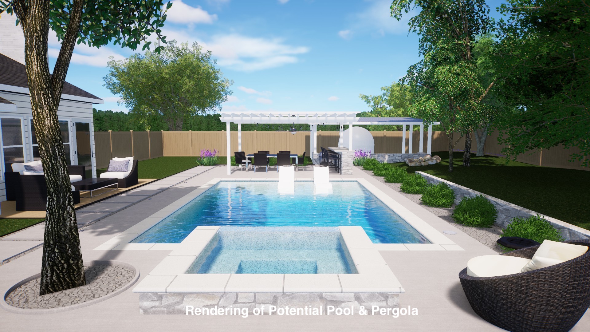 13207 Fencerail Road Manchaca, TX 78652 - Photo 34 of 36 Pool rendering featuring a pergola, a fenced backyard, a patio, a pool with connected hot tub, and an outdoor lounge area with bar. Engineered pool plans available to build