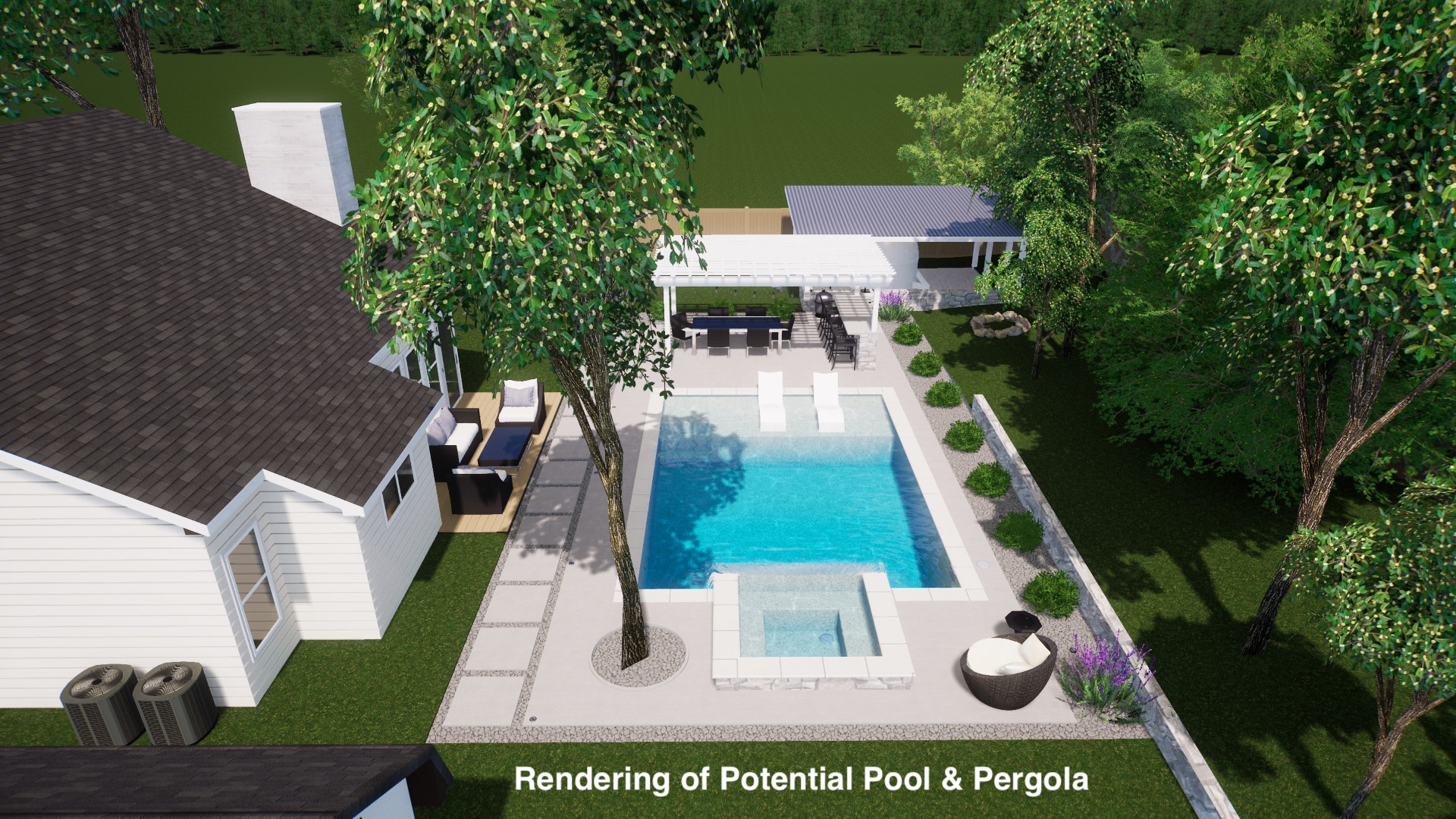 13207 Fencerail Road Manchaca, TX 78652 - Photo 35 of 36 Pool rendering featuring a pergola, a fenced backyard, a patio, a pool with connected hot tub, and an outdoor lounge area with bar. Engineered pool plans available to build