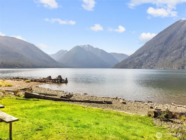 a view of a lake with a mountain in the background
