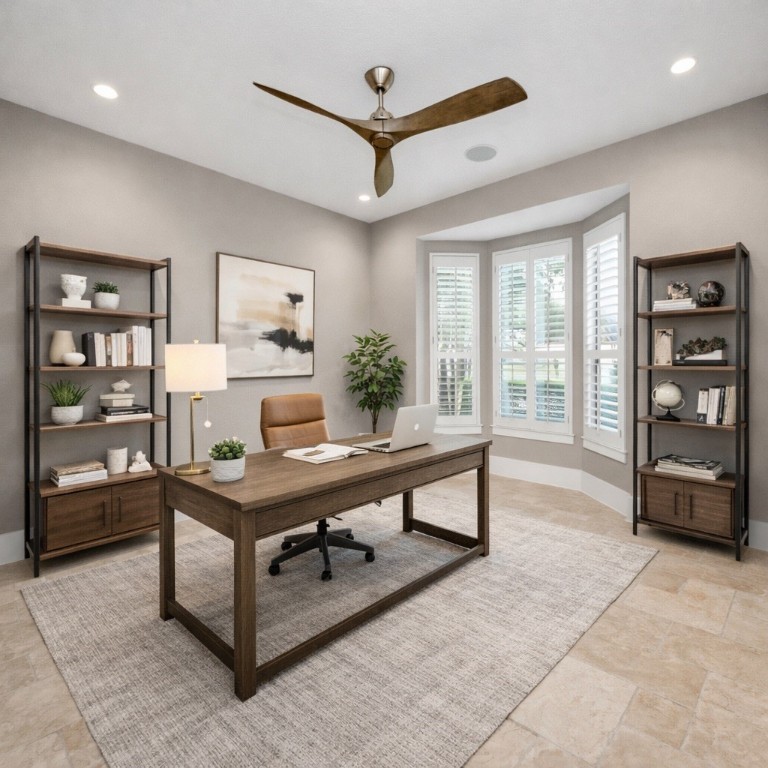 2211 Braer Ridge Drive Katy, TX 77494 - Photo 14 of 50 Bright home office with large windows, stylish ceiling fan, and neutral decor. It features a wooden desk, bookshelves, and a comfortable chair, creating a functional and inviting workspace.