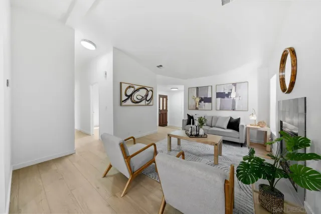 a living room with furniture and a potted plant