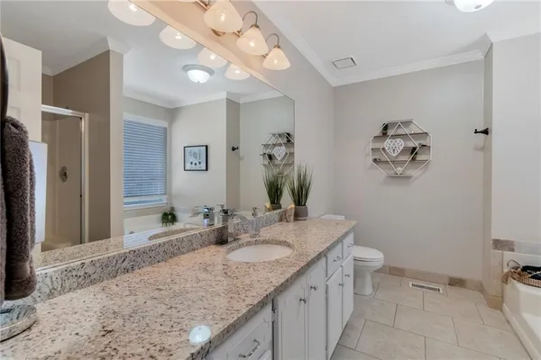 a bathroom with a granite countertop sink a toilet and a mirror