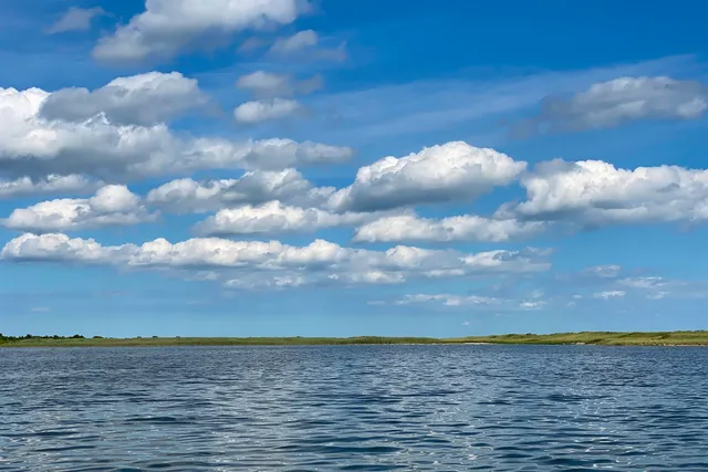 a view of a lake with a beach