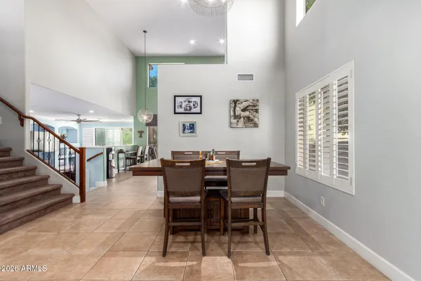 a view of a dining room with furniture