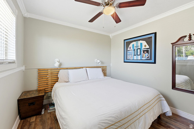 935 900 North Bountiful, UT 84010 - Photo 21 of 46 Bedroom with ornamental molding, a ceiling fan, and dark wood finished floors