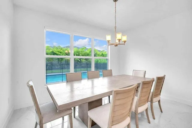 a view of a dining room with furniture window and outside view
