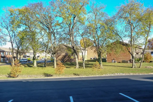 a view of a swimming pool with trees and buildings in the background