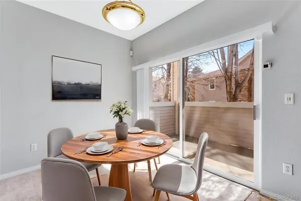 a view of a dining room with furniture and window