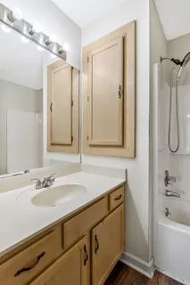 a bathroom with a sink vanity granite tub and shower