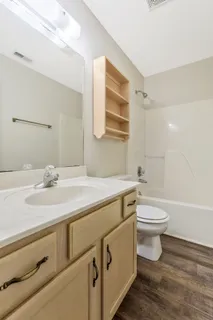 a bathroom with a sink a toilet and shower