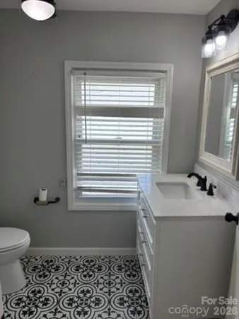 a bathroom with a sink a toilet and a window