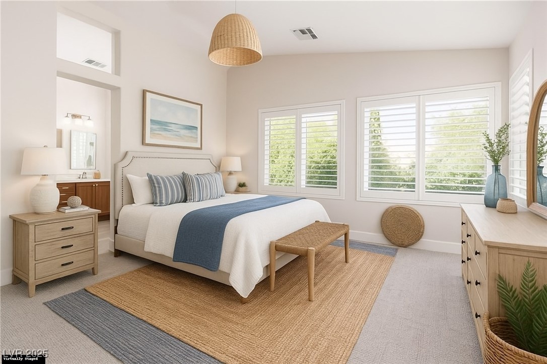 7837 Fort Ruby Place Las Vegas, NV 89128 - Photo 15 of 50 Virtually Staged Bedroom with vaulted ceiling and light colored carpet